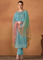 Organza Sky Blue Casual Wear Crystal Work Straight Suit